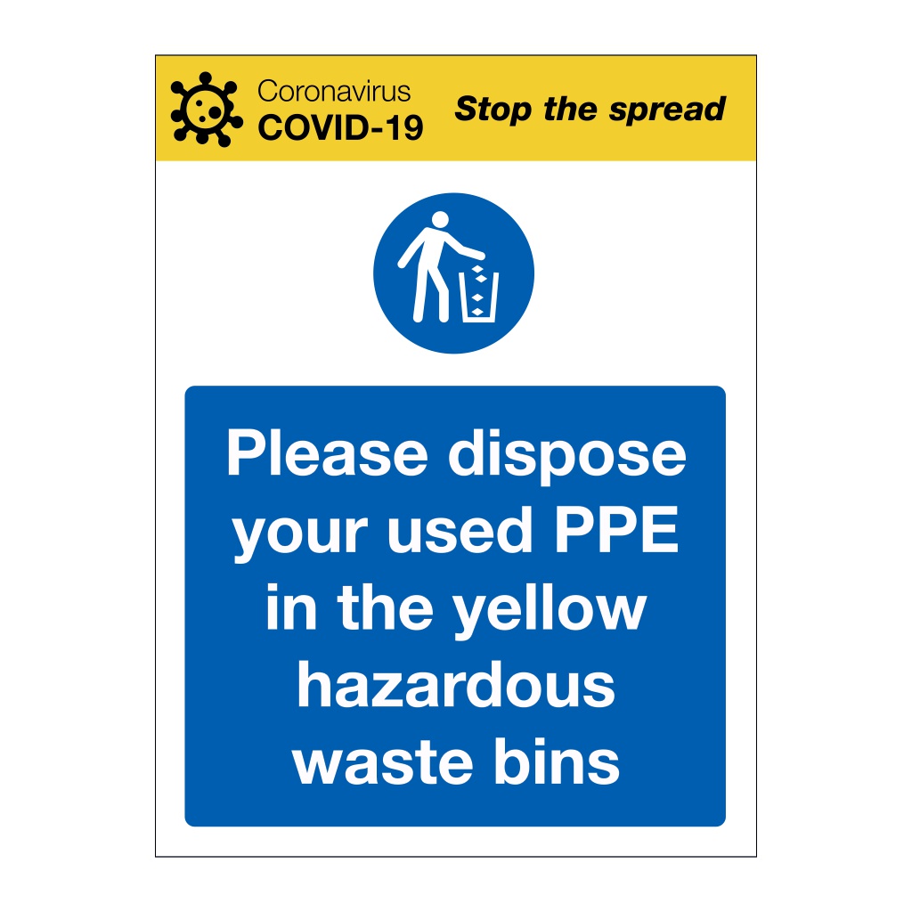 Dispose your used PPE in Yellow Waste Bins Covid-19 sign