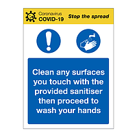 Clean surfaces with sanitiser Covid-19 sign
