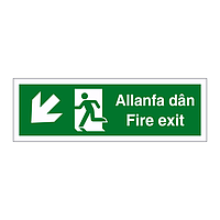 Fire exit arrow down left English/Welsh sign