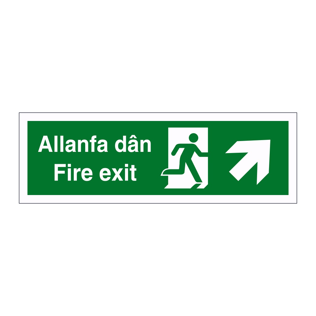 Fire exit arrow up right English/Welsh sign
