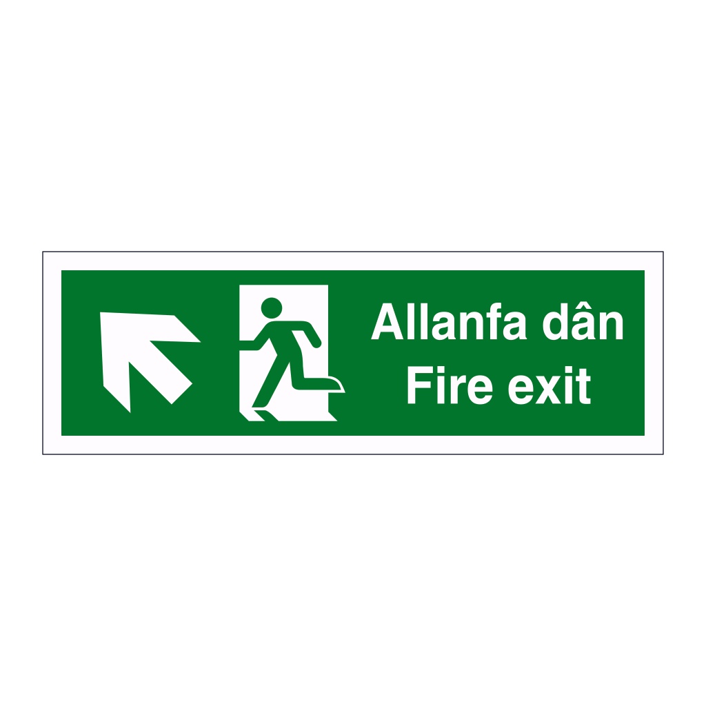 Fire exit arrow up left English/Welsh sign