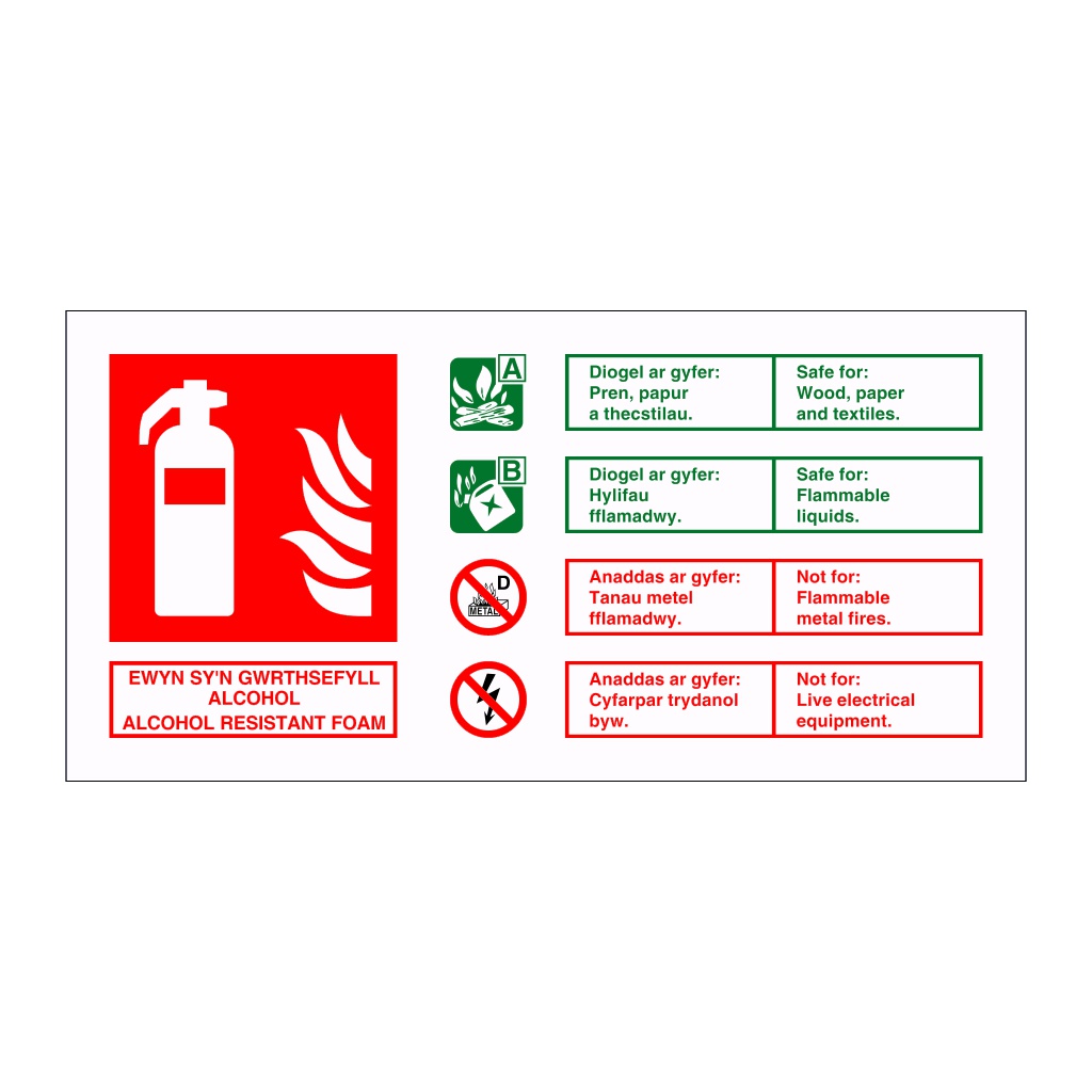 Alcohol resistant foam fire extingisher identification English/Welsh sign