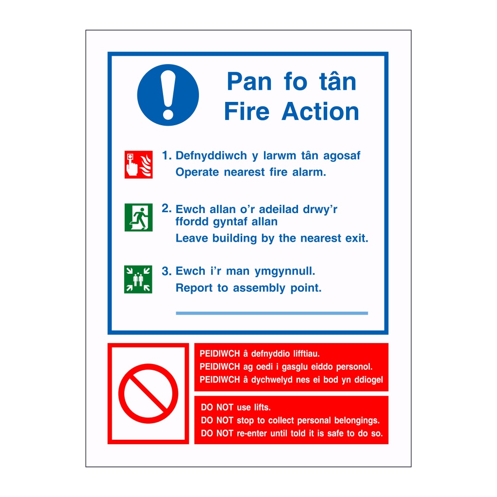 Fire action with assembly point details English/Welsh sign