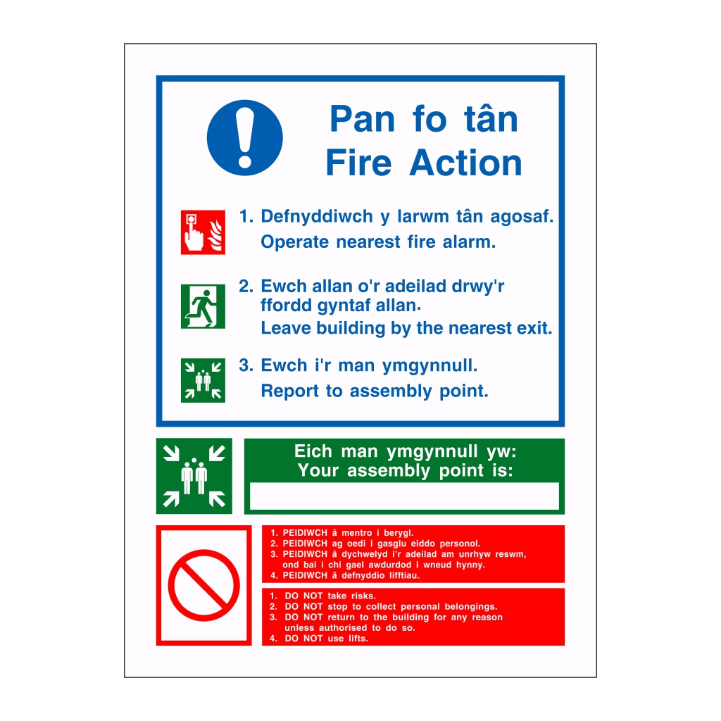 Fire action with assembly point English/Welsh sign