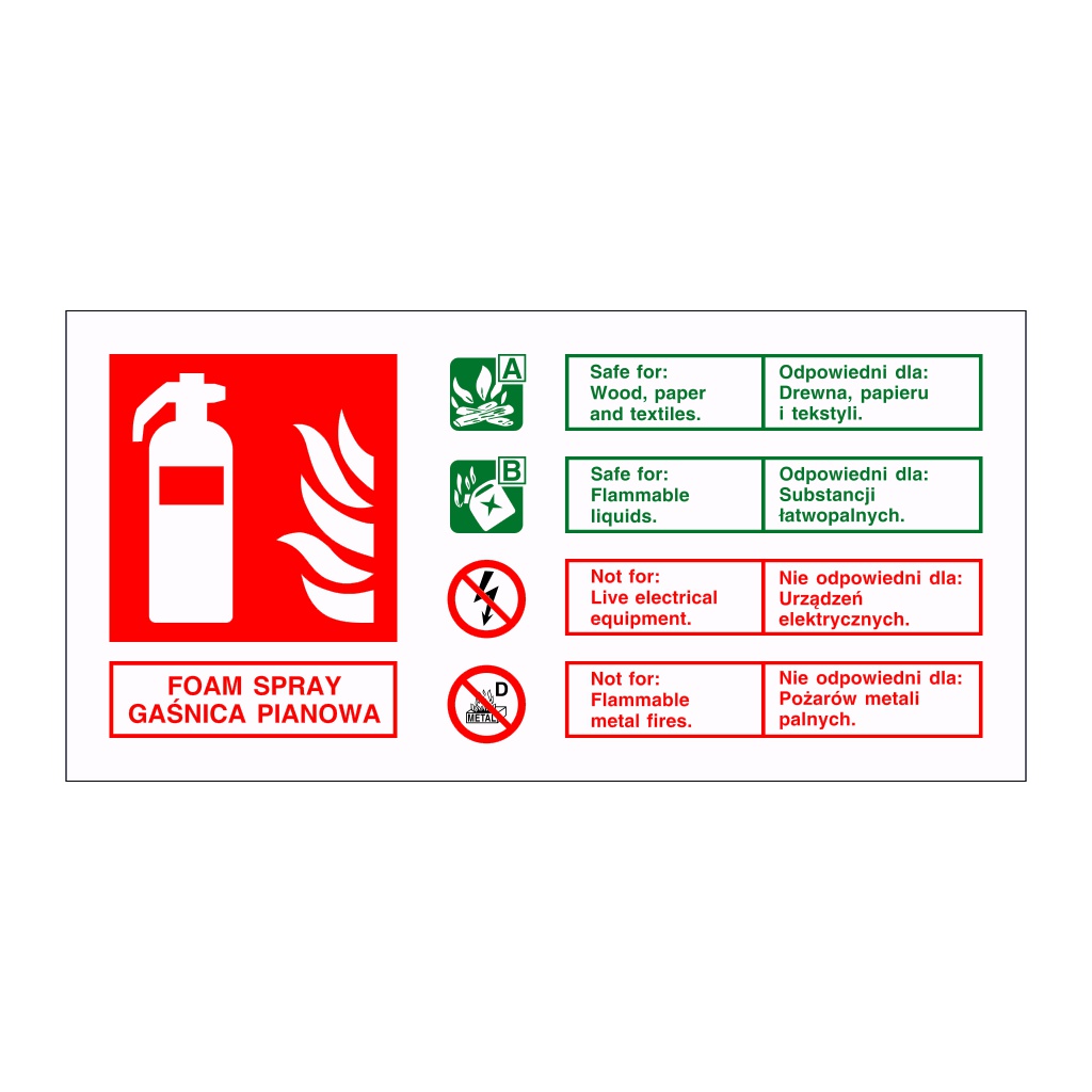 Foam spray fire extinguisher identification English/Polish sign