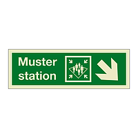 Muster station with down right directional arrow 2019 (Marine Sign)
