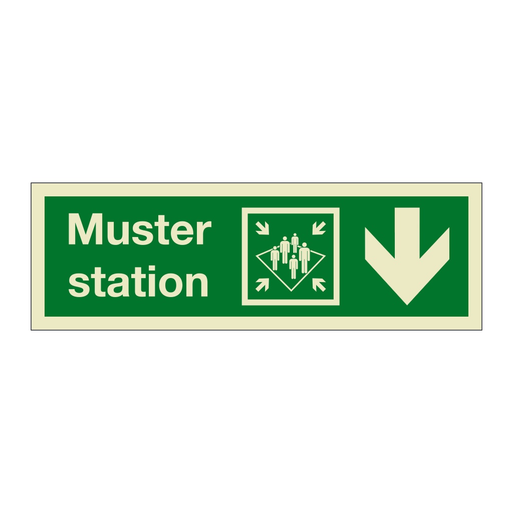 Muster station with down directional arrow 2019 (Marine Sign)