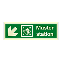 Muster station with down left directional arrow 2019 (Marine Sign)