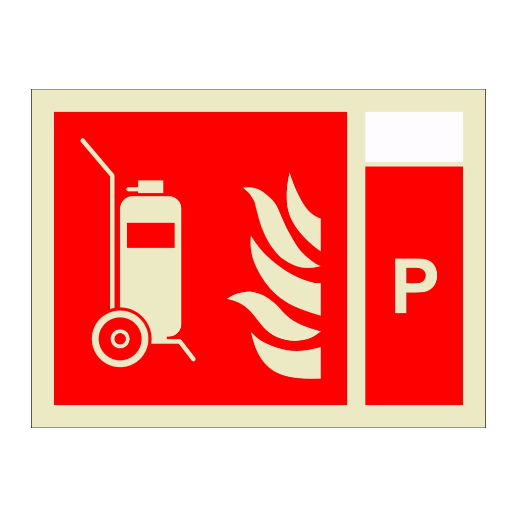 Wheeled fire extinguisher with Powder Identification (Marine Sign)