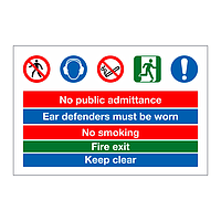 No public admittance, Ear defenders, no smoking, Fire exit sign