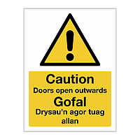 Caution Doors open outwards English/Welsh sign