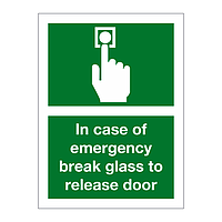 In case of emergency break glass to release door sign