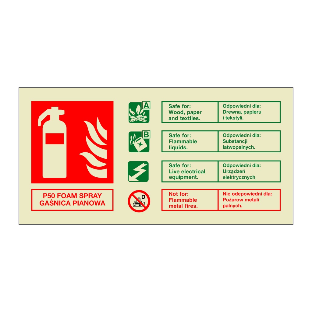 P50 Foam spray fire extinguisher identification English/Polish sign