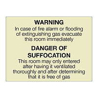 Warning incase of fire alarm or flooding of extinguishing gas evacuate this room immediately sign