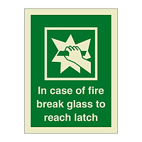 In case of fire break glass to reach latch (Marine Sign)