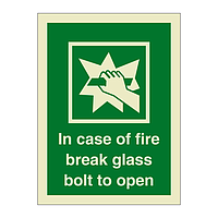 In case of fire break glass bolt to open (Marine Sign)