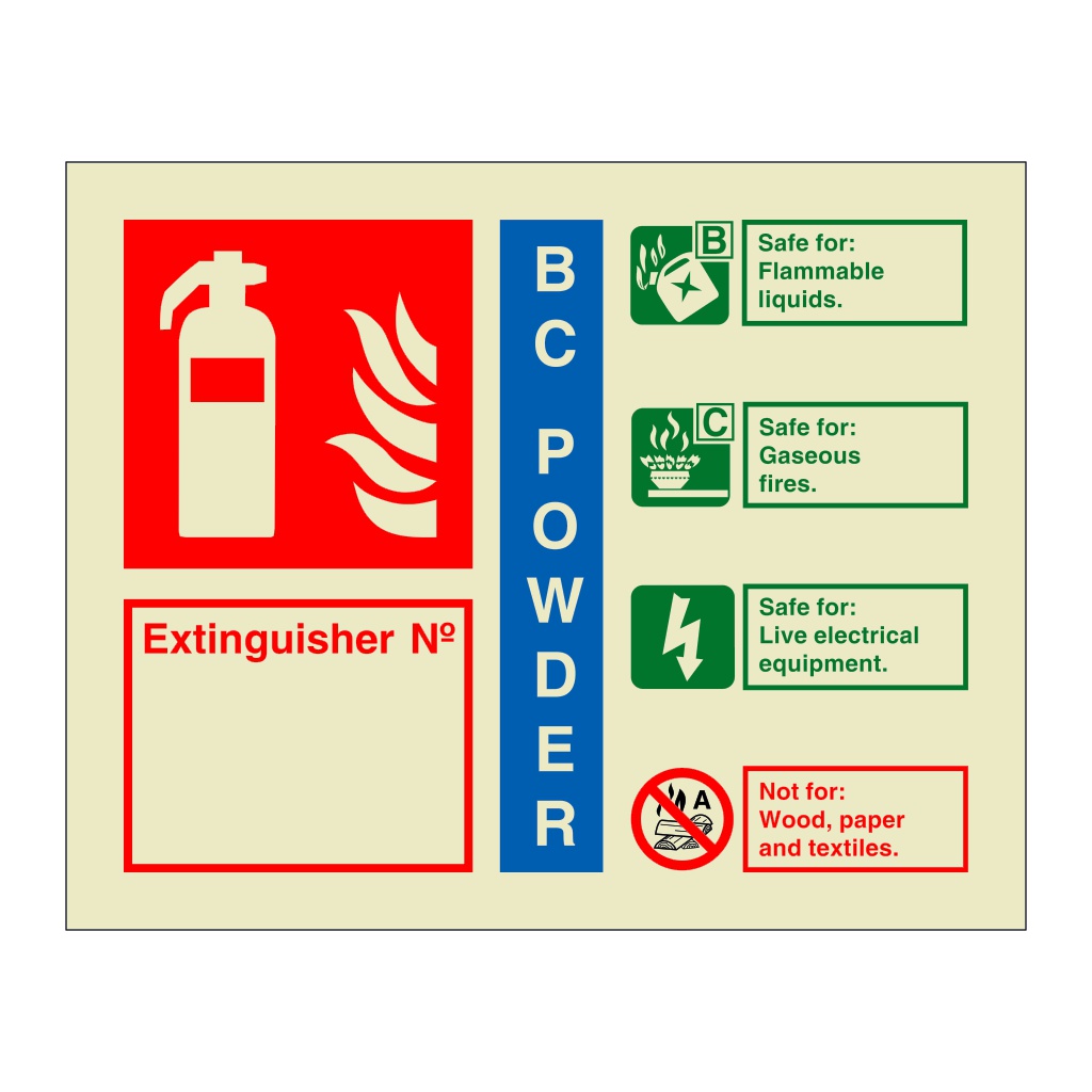 BC powder fire extinguisher identification with number (Marine Sign)