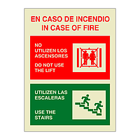 In case of fire Do not use the lift Bilingual English Spanish (Marine Sign)