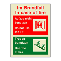 In case of fire Do not use the lift Bilingual English German (Marine Sign)