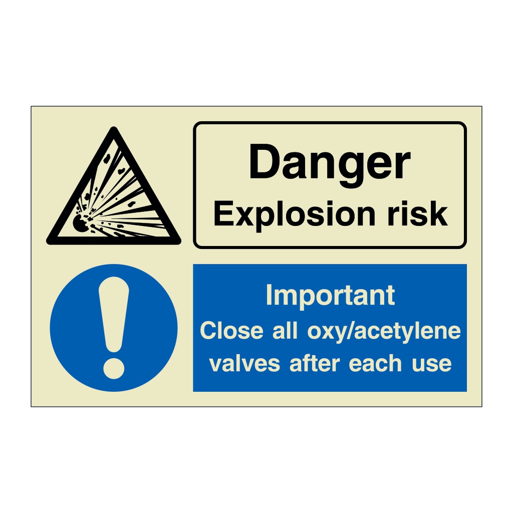 Danger Explosion risk Important Close all oxy acetylene valves after each use (Marine Sign)