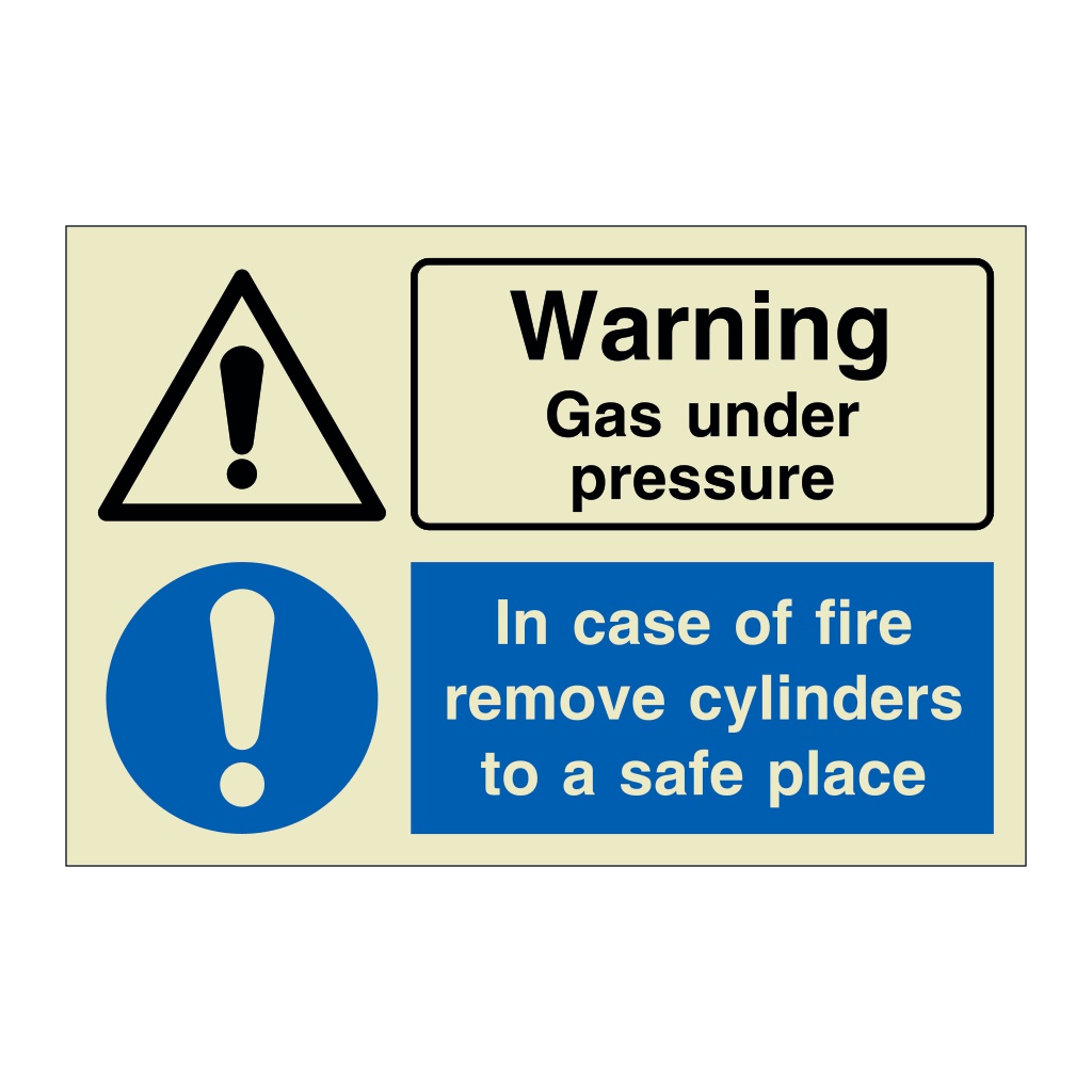 Warning Gas under pressure In case of fire remove cylinders to a safe place (Marine Sign)