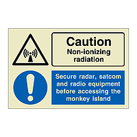 Caution Non-ionizing radiation Secure radar satcom and radio equipment (Marine Sign)