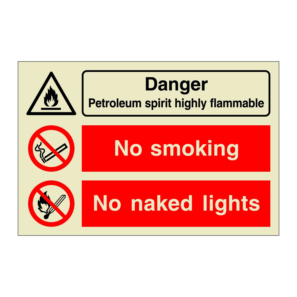 Danger Petroleum spirit highly flammable No smoking No naked lights (Marine Sign)