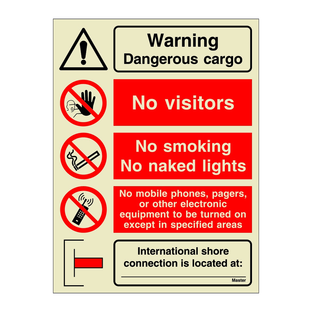Warning Dangerous cargo No visitors No smoking (Marine Sign)