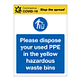 Dispose your used PPE in Yellow Waste Bins Covid-19 sign