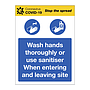 Wash hands thoroughly or use sanitiser when entering or leaving site Covid-19 sign