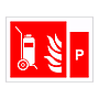 Wheeled fire extinguisher with Powder Identification (Marine Sign)