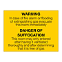 Warning incase of fire alarm or flooding of extinguishing gas evacuate this room immediately sign
