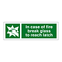 In case of fire break glass to reach latch (Marine Sign)