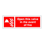 Open this valve in the event of fire with text (Marine Sign)