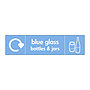 Blue glass bottles & jars with WRAP recycling logo & icon sign