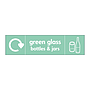 Green glass bottles & jars with WRAP recycling logo & icon sign