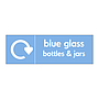 Blue glass bottles & jars with WRAP recycling logo sign