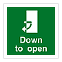 Handle down clockwise to open door sign