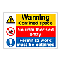 Warning confined space No unauthorised entry Permit to work must be obtained sign