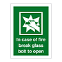 In case of fire break glass bolt to open sign