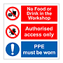 No food or drink in the workshop, Authorised access only, PPE must be worn sign